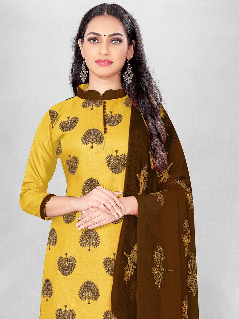 Leeza Store Women's Yellow Slub Cotton Printed Cotton Suit Dress Material With Nazmeen Dupatta