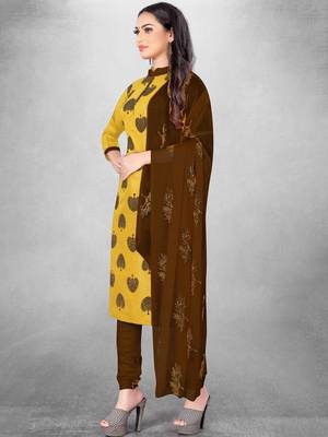 Leeza Store Women's Yellow Slub Cotton Printed Cotton Suit Dress Material With Nazmeen Dupatta 4