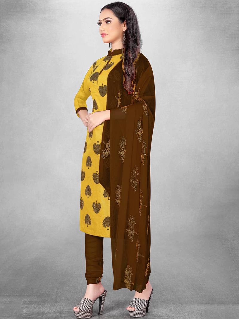 Leeza Store Women's Yellow Slub Cotton Printed Cotton Suit Dress Material With Nazmeen Dupatta