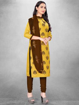 Leeza Store Women's Yellow Slub Cotton Printed Cotton Suit Dress Material With Nazmeen Dupatta 5