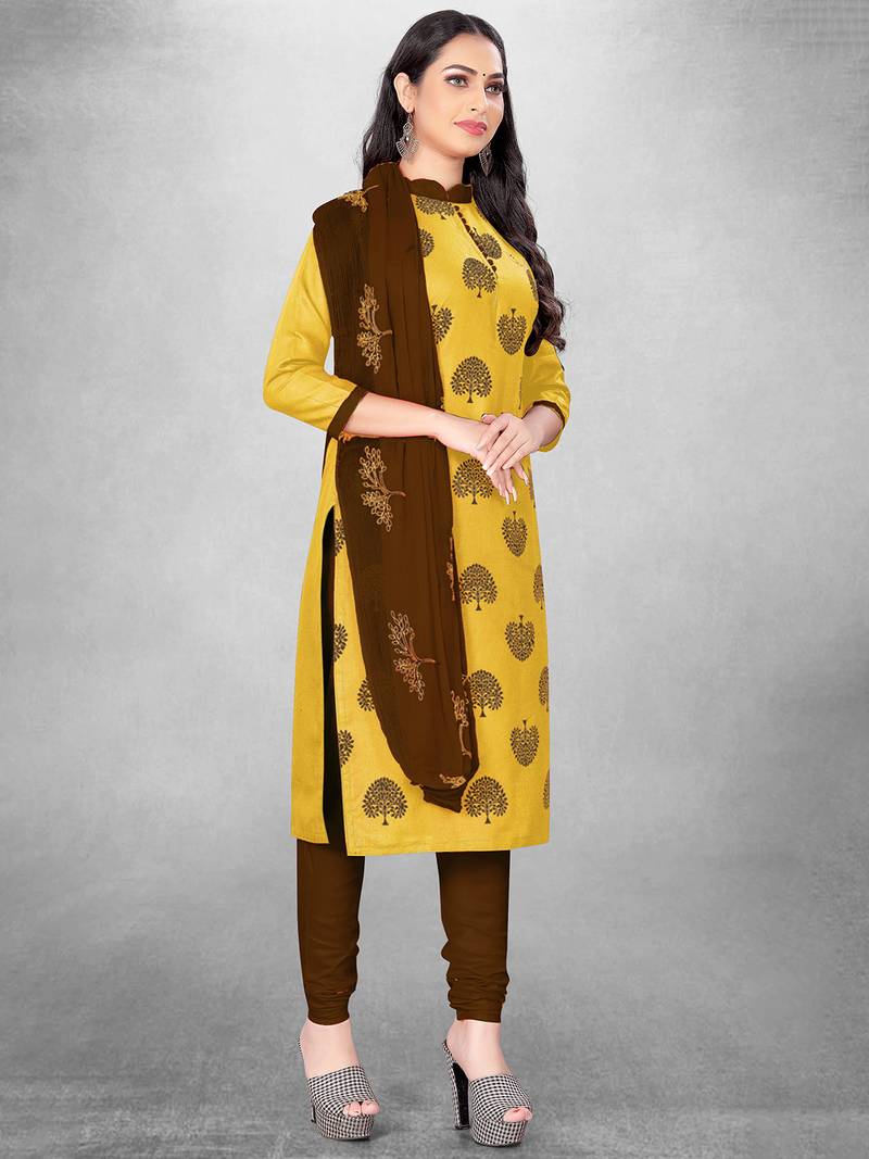 Leeza Store Women's Yellow Slub Cotton Printed Cotton Suit Dress Material With Nazmeen Dupatta
