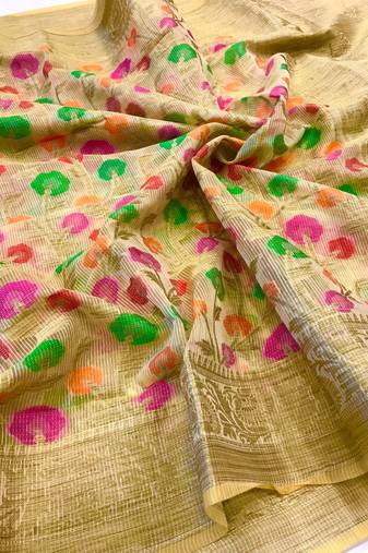 Koram Cream Linen Silk And Jequard Waving Work Saree With Blouse For Women