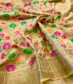 Koram Cream Linen Silk And Jequard Waving Work Saree With Blouse For Women