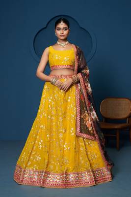 Designer Yellow Georgette Floral Sequins Work  Haldi Special Lehenga Choli 1