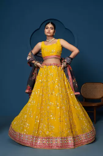 Designer Yellow Georgette Floral Sequins Work  Haldi Special Lehenga Choli