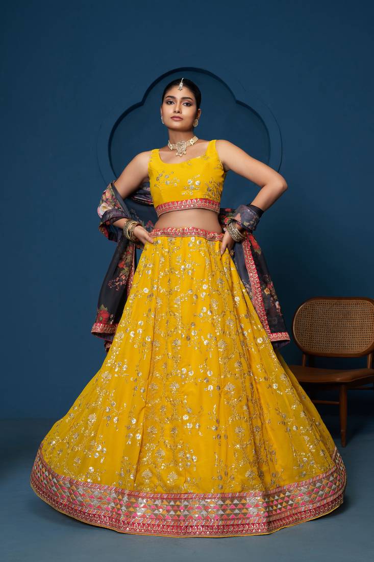 Designer Yellow Georgette Floral Sequins Work  Haldi Special Lehenga Choli