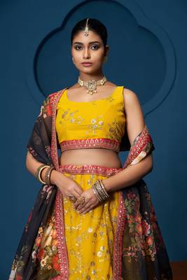 Designer Yellow Georgette Floral Sequins Work  Haldi Special Lehenga Choli 3