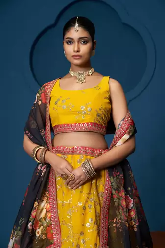 Designer Yellow Georgette Floral Sequins Work  Haldi Special Lehenga Choli