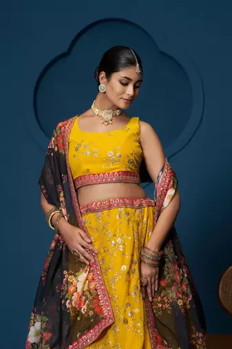 Designer Yellow Georgette Floral Sequins Work  Haldi Special Lehenga Choli