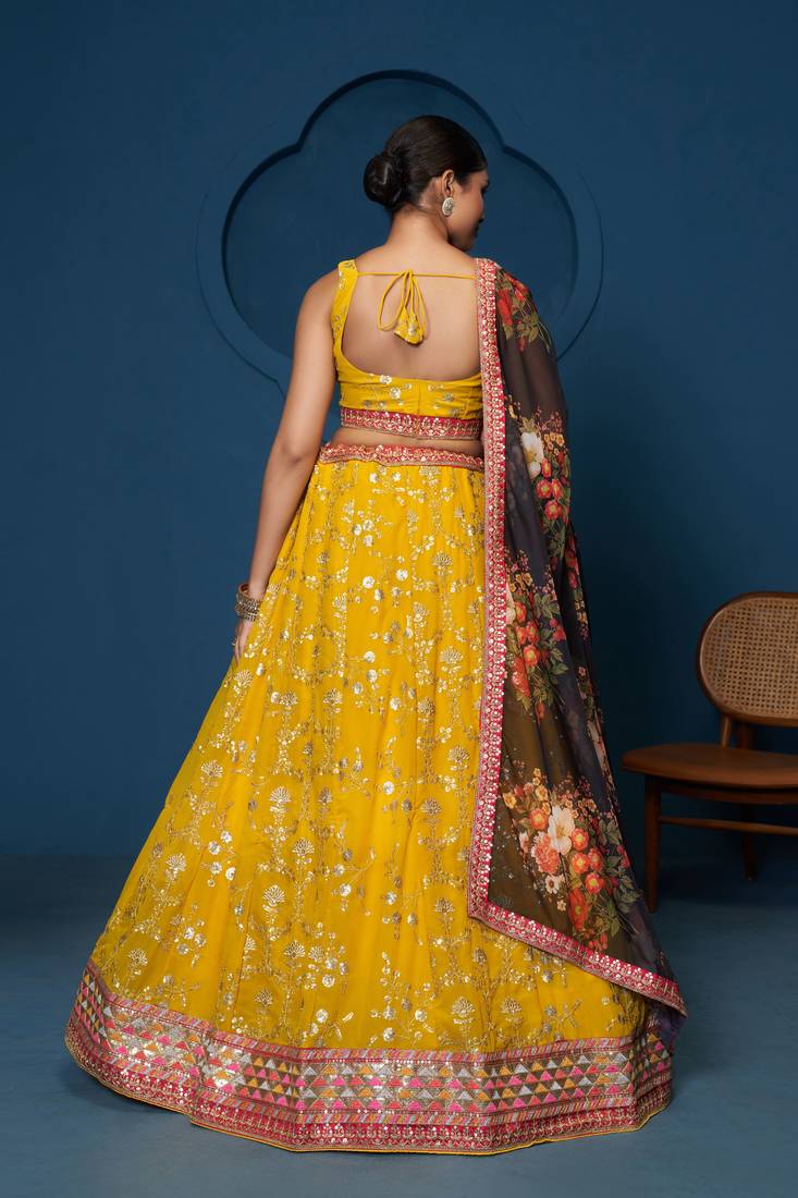 Designer Yellow Georgette Floral Sequins Work  Haldi Special Lehenga Choli