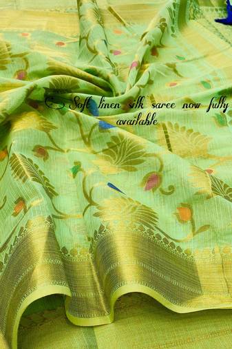 Koram Sea Green Linen Silk And Jequard Waving Work Saree With Blouse For Women