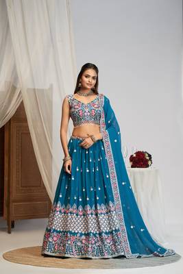 Beautiful Blue Georgette Floral Thread Sequins Embroidery Work Lehenga Choli 1