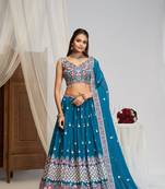 Beautiful Blue Georgette Floral Thread Sequins Embroidery Work Lehenga Choli
