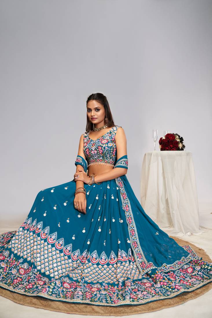 Beautiful Blue Georgette Floral Thread Sequins Embroidery Work Lehenga Choli