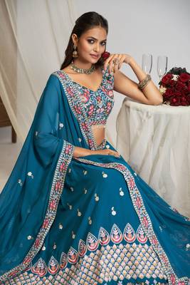 Beautiful Blue Georgette Floral Thread Sequins Embroidery Work Lehenga Choli 4