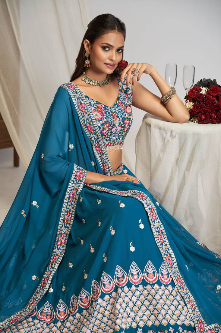 Beautiful Blue Georgette Floral Thread Sequins Embroidery Work Lehenga Choli