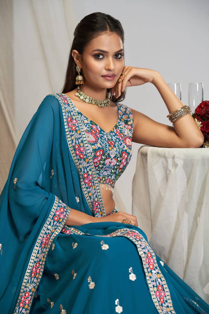 Beautiful Blue Georgette Floral Thread Sequins Embroidery Work Lehenga Choli