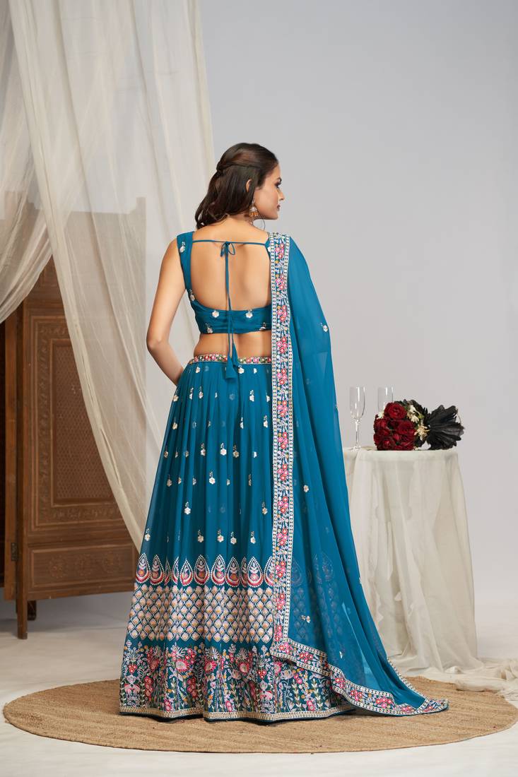 Beautiful Blue Georgette Floral Thread Sequins Embroidery Work Lehenga Choli