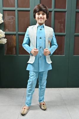 Boys sequined star design jacquard sherwani with shrug and trouser set - sky blue 1