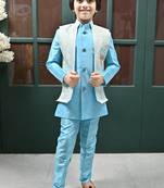 Boys sequined star design jacquard sherwani with shrug and trouser set - sky blue