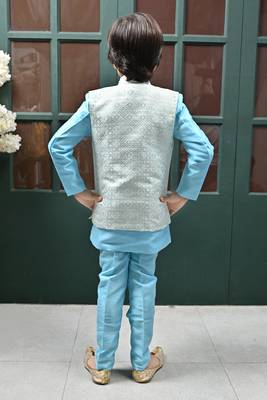 Boys sequined star design jacquard sherwani with shrug and trouser set - sky blue 2