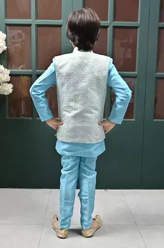 Boys sequined star design jacquard sherwani with shrug and trouser set - sky blue