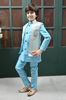 Boys sequined star design jacquard sherwani with shrug and trouser set - sky blue 3