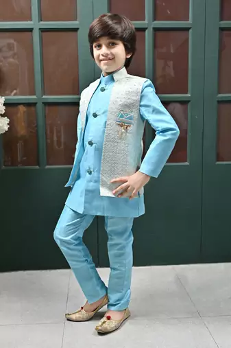 Boys sequined star design jacquard sherwani with shrug and trouser set - sky blue