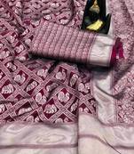 Koram Wine Banarasi silk blend And Zari Work Saree With Blouse For Women.