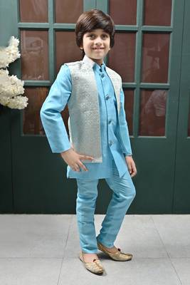 Boys sequined star design jacquard sherwani with shrug and trouser set - sky blue 4