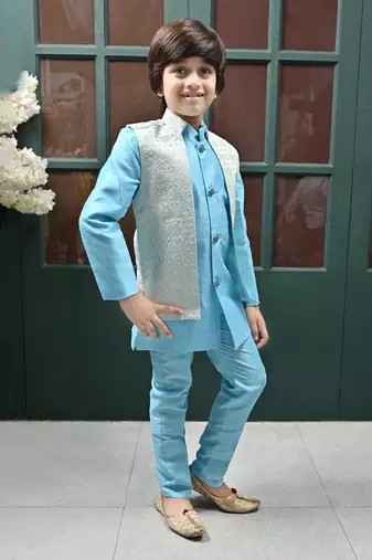 Boys sequined star design jacquard sherwani with shrug and trouser set - sky blue