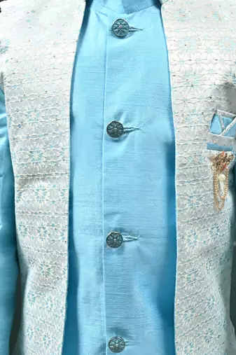 Boys sequined star design jacquard sherwani with shrug and trouser set - sky blue