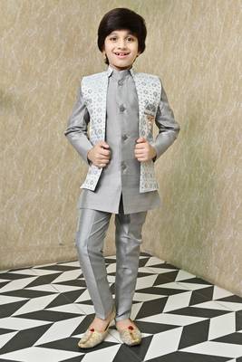 Boys sequined star design jacquard sherwani with shrug and trouser set - grey 1