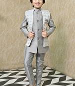 Boys sequined star design jacquard sherwani with shrug and trouser set - grey