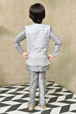 Boys sequined star design jacquard sherwani with shrug and trouser set - grey 2