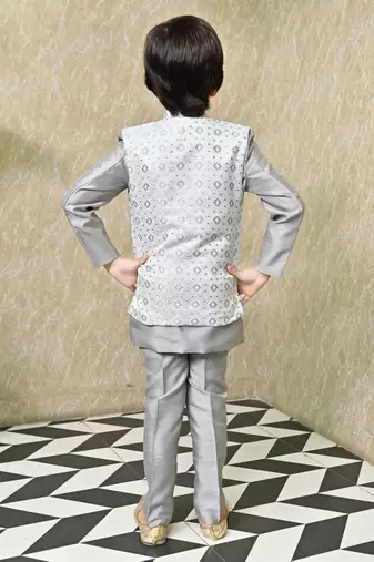 Boys sequined star design jacquard sherwani with shrug and trouser set - grey
