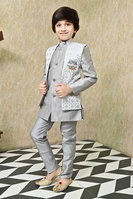 Boys sequined star design jacquard sherwani with shrug and trouser set - grey 3