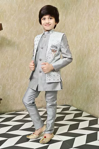 Boys sequined star design jacquard sherwani with shrug and trouser set - grey