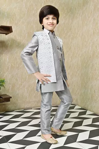 Boys sequined star design jacquard sherwani with shrug and trouser set - grey