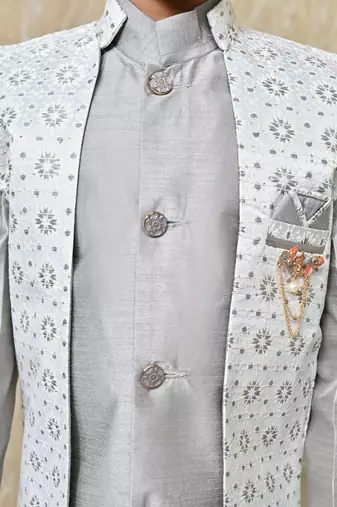 Boys sequined star design jacquard sherwani with shrug and trouser set - grey