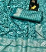 Koram Dark Teal Banarasi silk blend And Zari Work Saree With Blouse For Women.