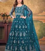 Designer aqua blue net embroidery anarkali suit