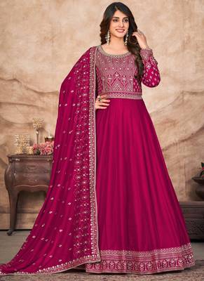Designer rani pink art silk embroidery anarkali suit 1