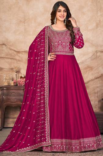 Designer rani pink art silk embroidery anarkali suit