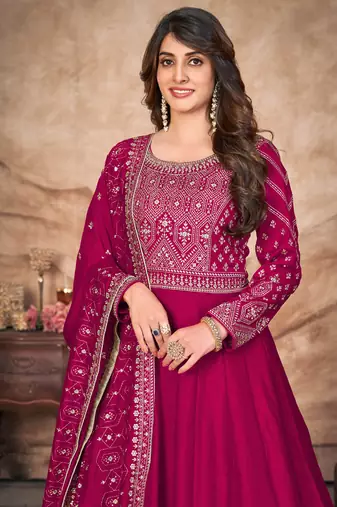 Designer rani pink art silk embroidery anarkali suit