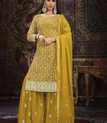 Designer yellow faux georgette sharara suit