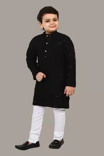 Boys chikankari sequins viscose rayon kurta pajama set for boys - black