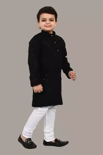 Boys chikankari sequins viscose rayon kurta pajama set for boys - black