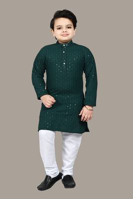 Boys chikankari sequins viscose rayon kurta pajama set for boys - dark green 1