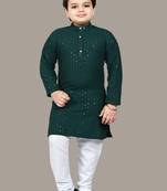 Boys chikankari sequins viscose rayon kurta pajama set for boys - dark green